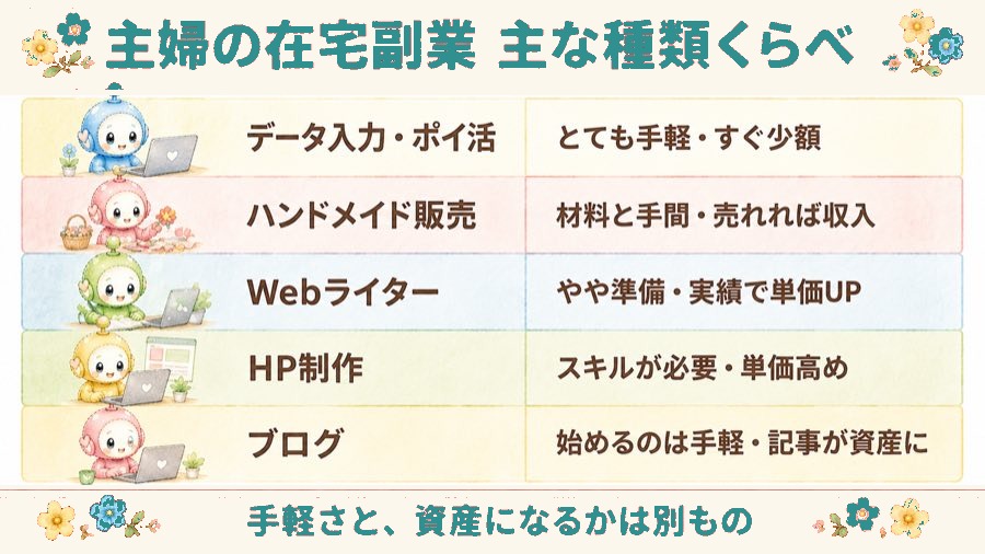 主婦の在宅副業 主な種類くらべの図解。データ入力・ハンドメイド・Webライター・HP制作・ブログの5つを、始めやすさと収入の性質で比べた表
