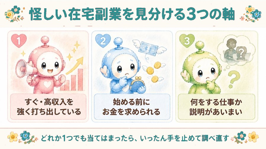 怪しい在宅副業を見分ける3つの軸の図解。すぐ・高収入を強く打ち出している、始める前にお金を求められる、何をする仕事か説明があいまい