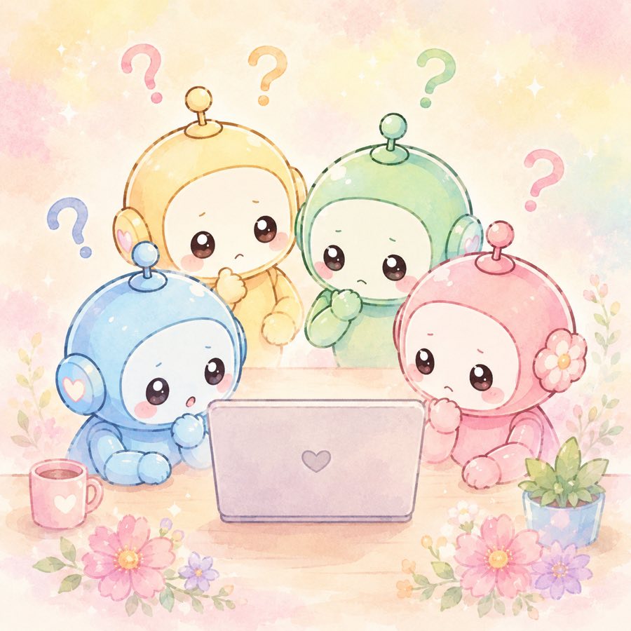 パソコンの画面を見ながら本当に大丈夫かなと首をかしげて考えている4色ロボットのイラスト