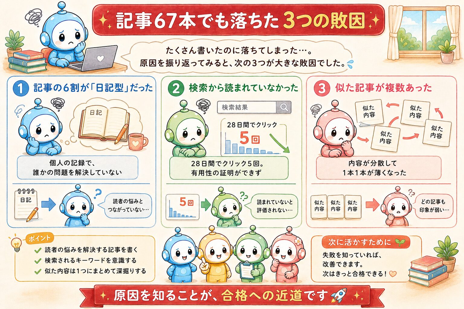 図解：記事67本でも落ちた3つの敗因。日記型6割・検索クリック5回・似た記事の重複