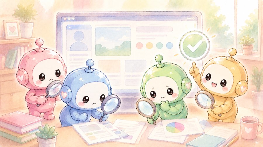 ロードマップでわかったことを確認している4色ロボットのイラスト