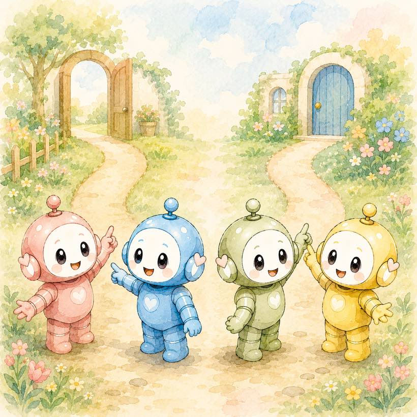 2つの道と門の前で、それぞれの道を指し示す4色ロボットのイラスト