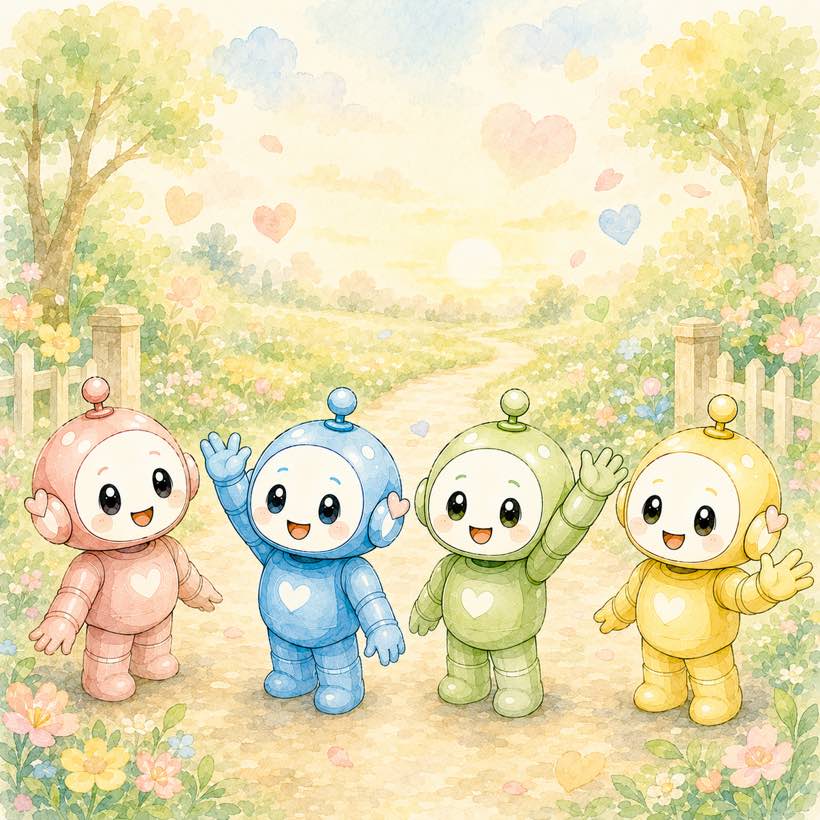 4色のロボットが笑顔で手を振って見送っているイラスト