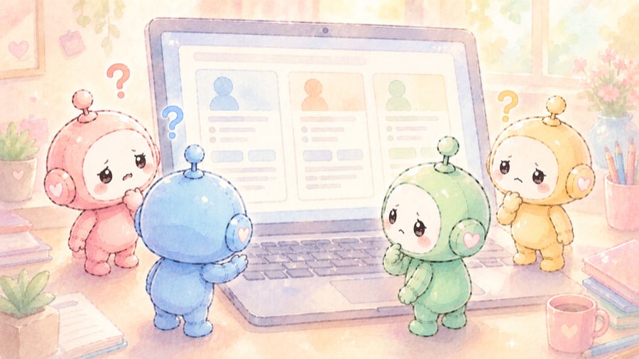 副業ブログロードマップの疑問を確認している4色ロボットのイラスト