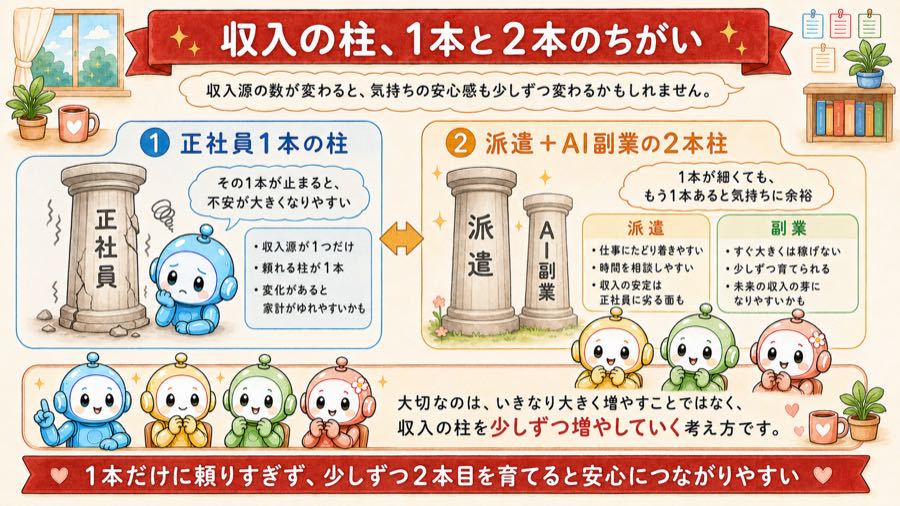 収入の柱、1本と2本のちがいの図解