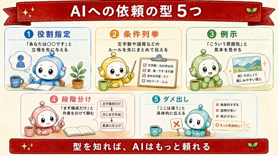 AIへの依頼の型5つを示した図解。①役割指定は「あなたは〇〇です」と立場を先に与える、②条件列挙は文字数や語尾などのルールを先にまとめて伝える、③例示は「こういう雰囲気」と見本を見せる、④段階分けは「まず構成だけ」と作業を分けて頼む、⑤ダメ出しは「ここは違う」と具体的に伝える