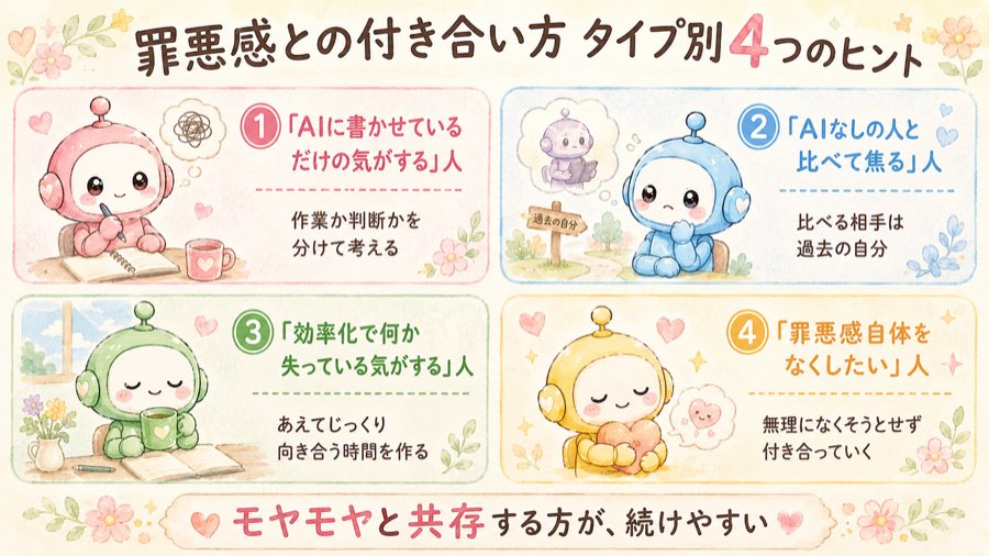 罪悪感との付き合い方をタイプ別に4つのヒントで示した図解。AIに書かせているだけの気がする人は作業か判断かを分けて考える、AIなしの人と比べて焦る人は比べる相手を過去の自分にする、効率化で何か失っている気がする人はあえてじっくり向き合う時間を作る、罪悪感自体をなくしたい人は無理になくそうとせず付き合っていく