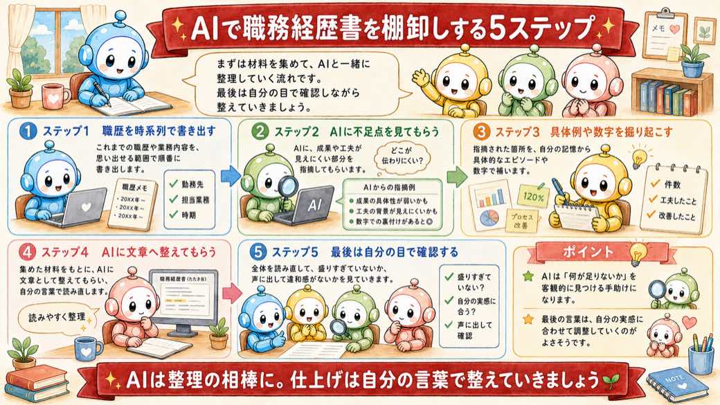 AIで職務経歴書を棚卸しする5ステップの図解