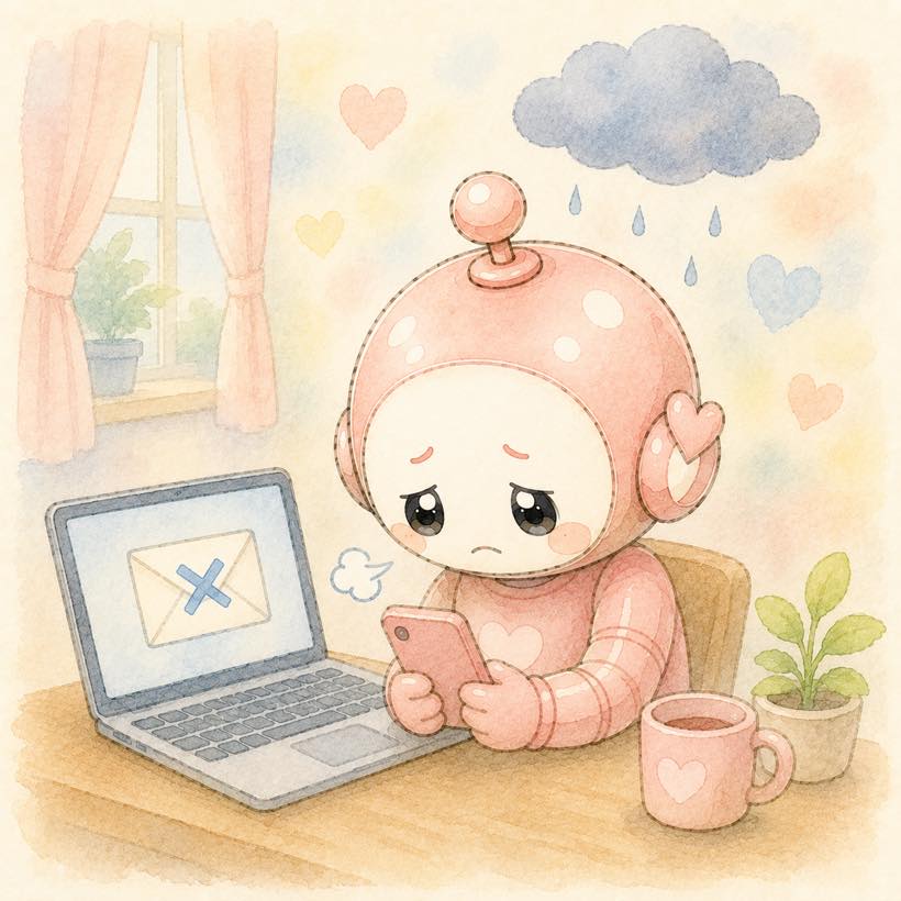 不採用通知に落ち込む4色ロボットのイラスト