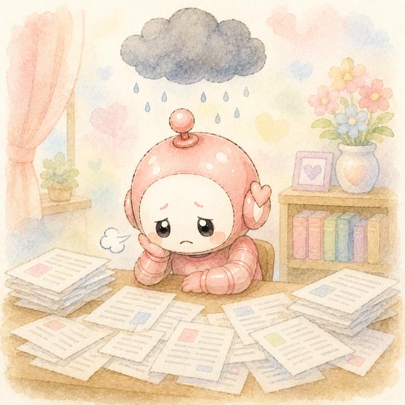 書類と雨雲を見上げる4色ロボットのイラスト