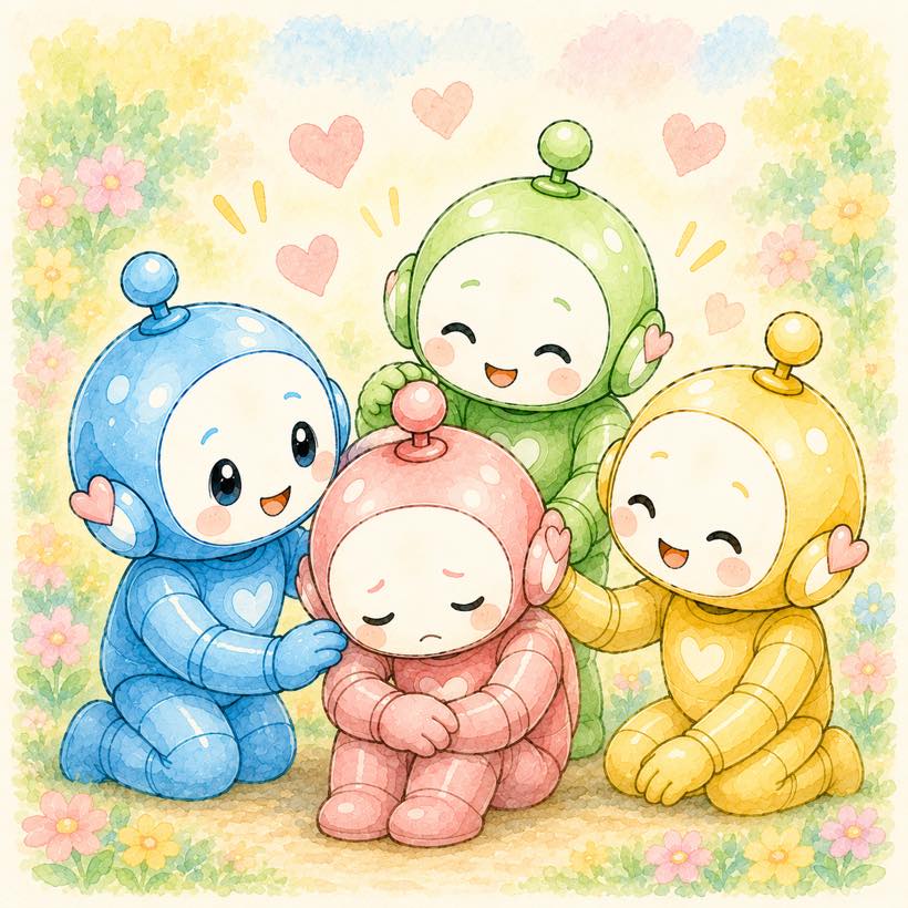 そっと寄り添う4色ロボットのイラスト