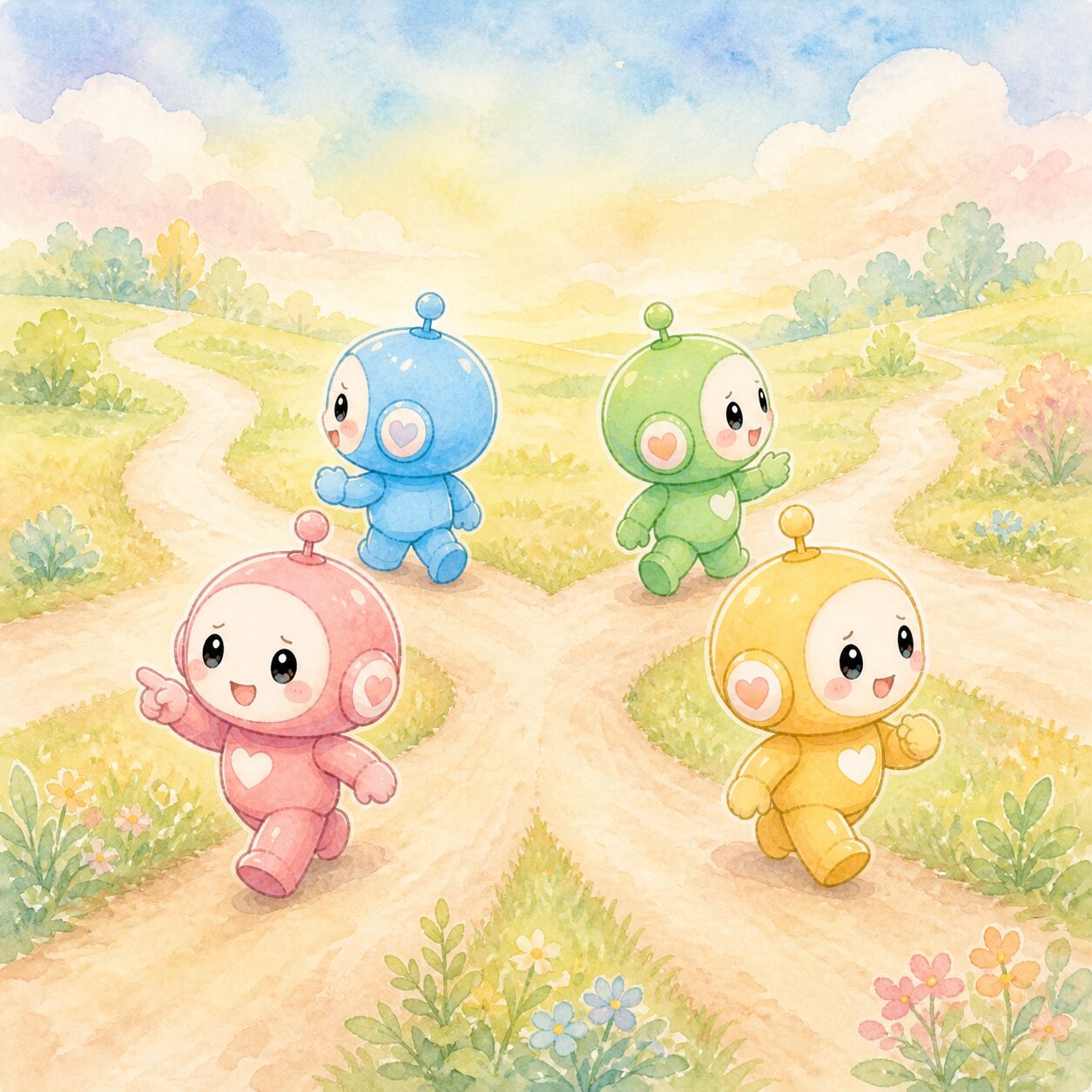 分かれ道に立つロボットたちのイラスト