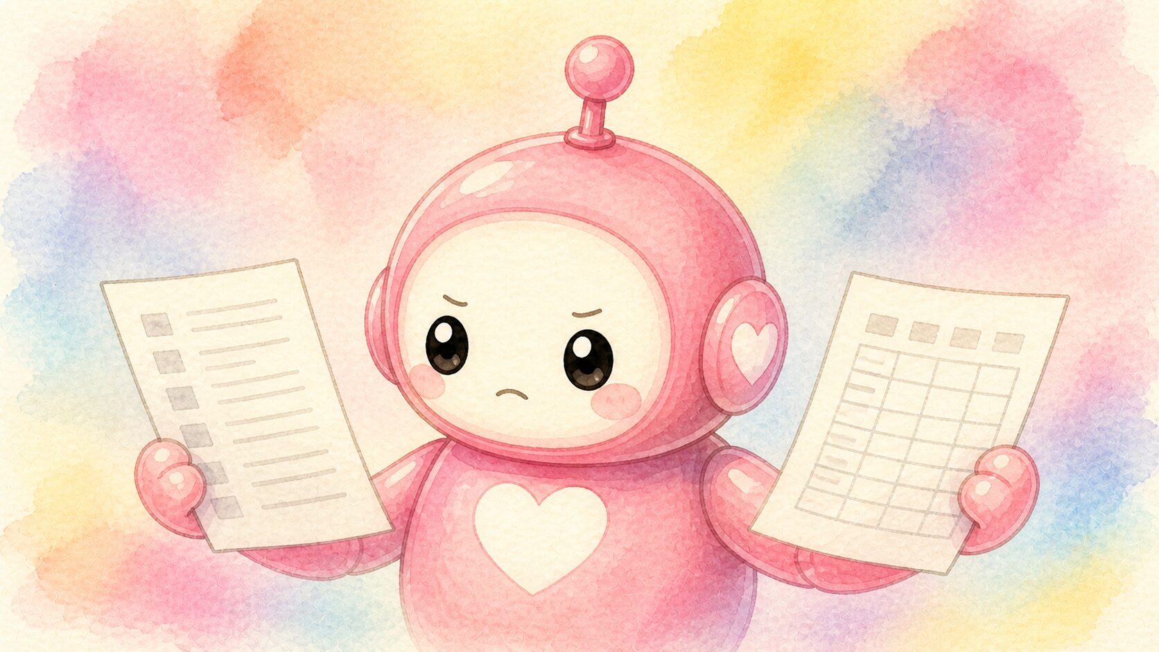 書類を見比べながら考え込むロボットのイラスト