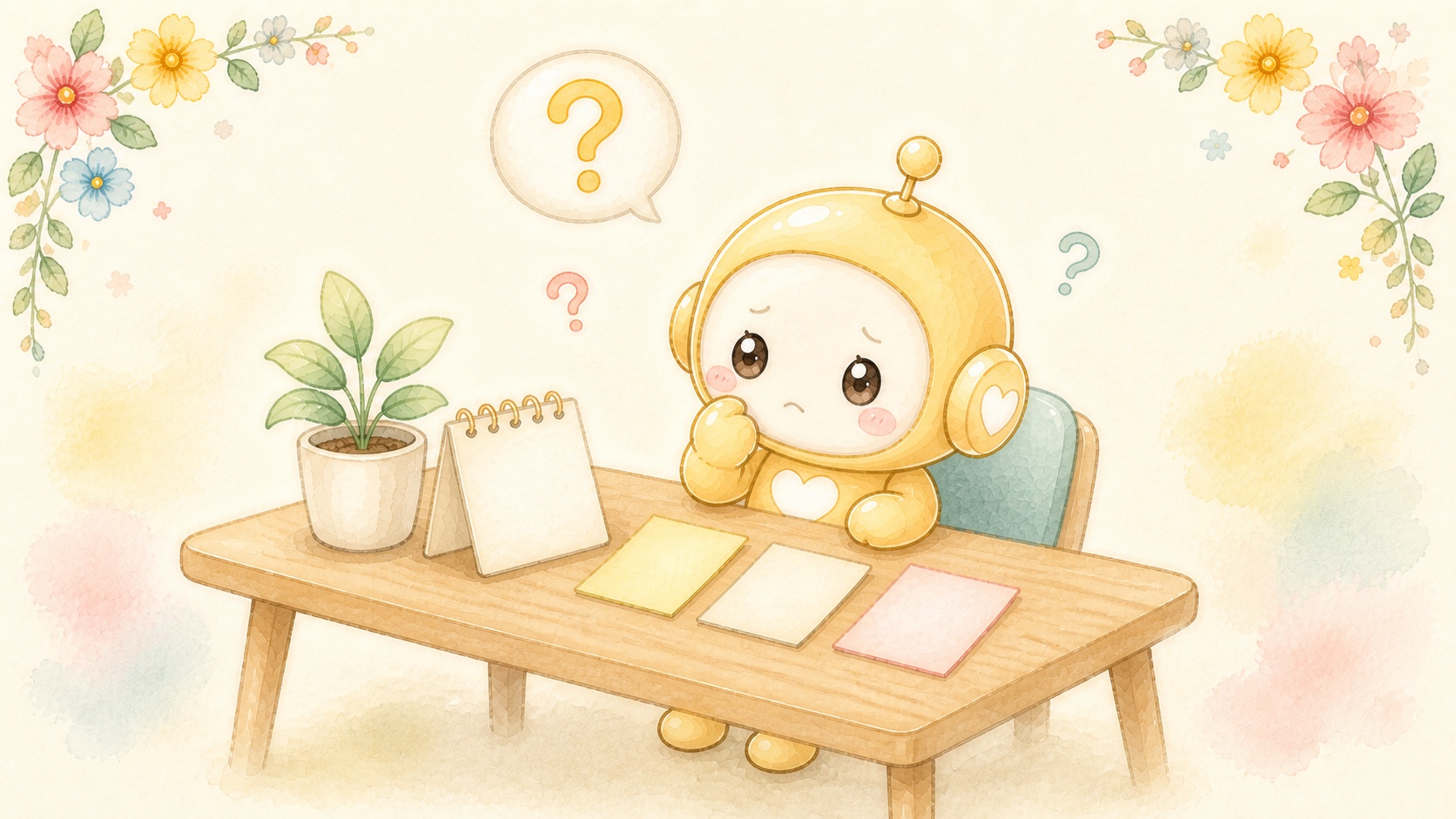 首をかしげて考えるロボットの挿絵