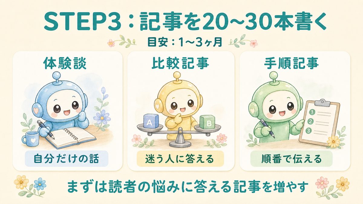 STEP3 副業ブログの記事を20〜30本書く流れの図解
