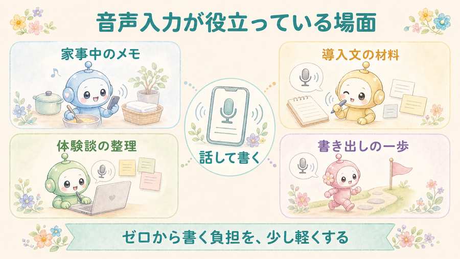 音声入力が役立っている場面。家事中のメモ、導入文の材料、体験談の整理、書き出しの一歩を示す図解。