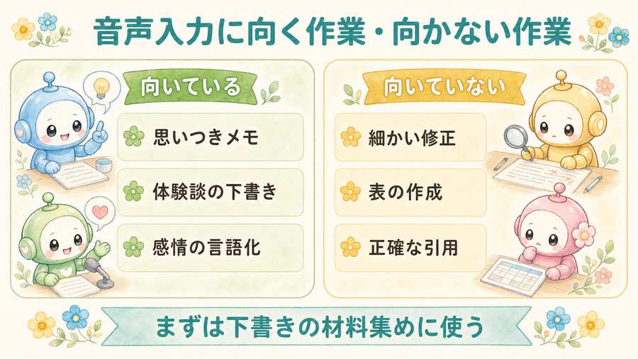 音声入力に向く作業と向かない作業。思いつきメモ、体験談の下書き、細かい修正、表の作成などを比較した図解。