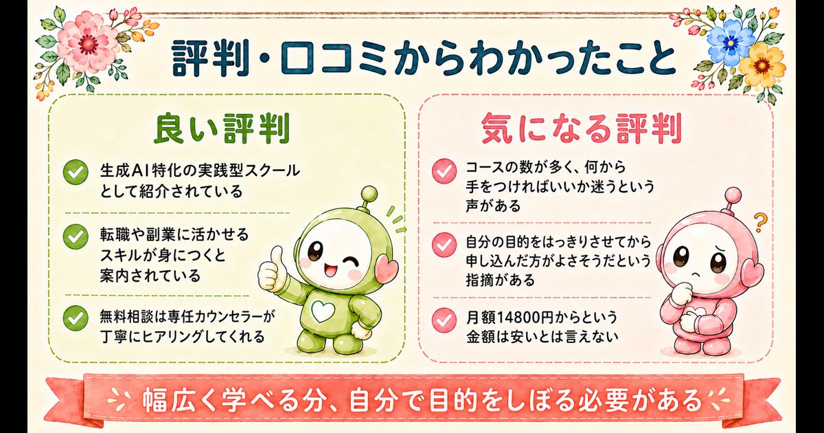 DMM生成AI CAMPの良い評判・気になる評判の左右比較図解