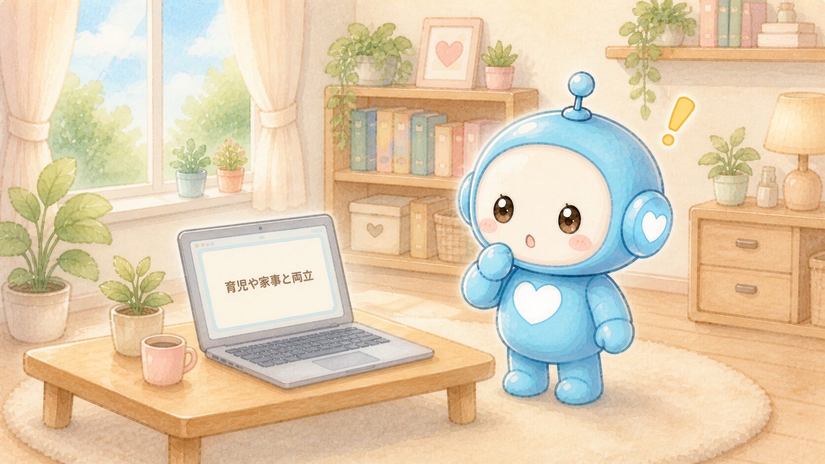 育児や家事と両立と表示された画面を見て気づく水色ロボットのイラスト