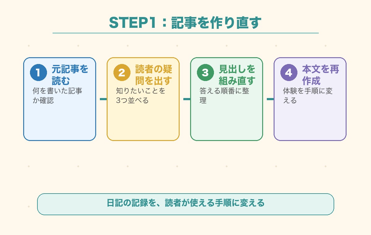 AIで記事を作り直すSTEP1の流れをまとめた図解
