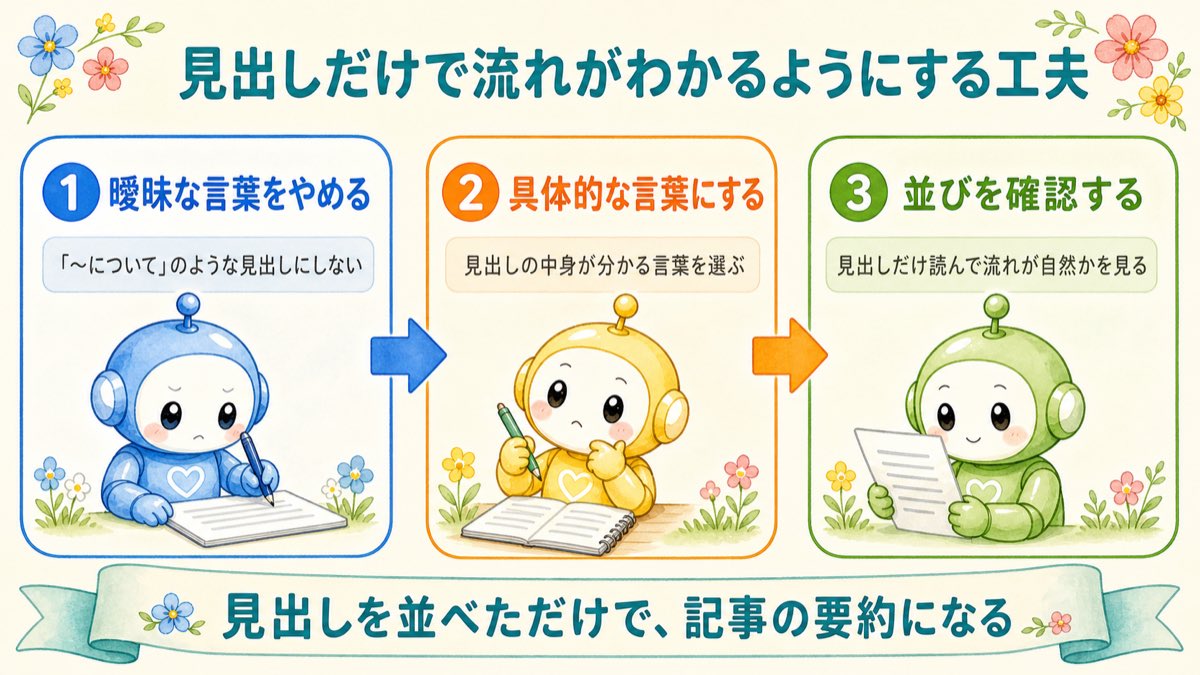 見出しだけで流れがわかるようにする工夫の図解