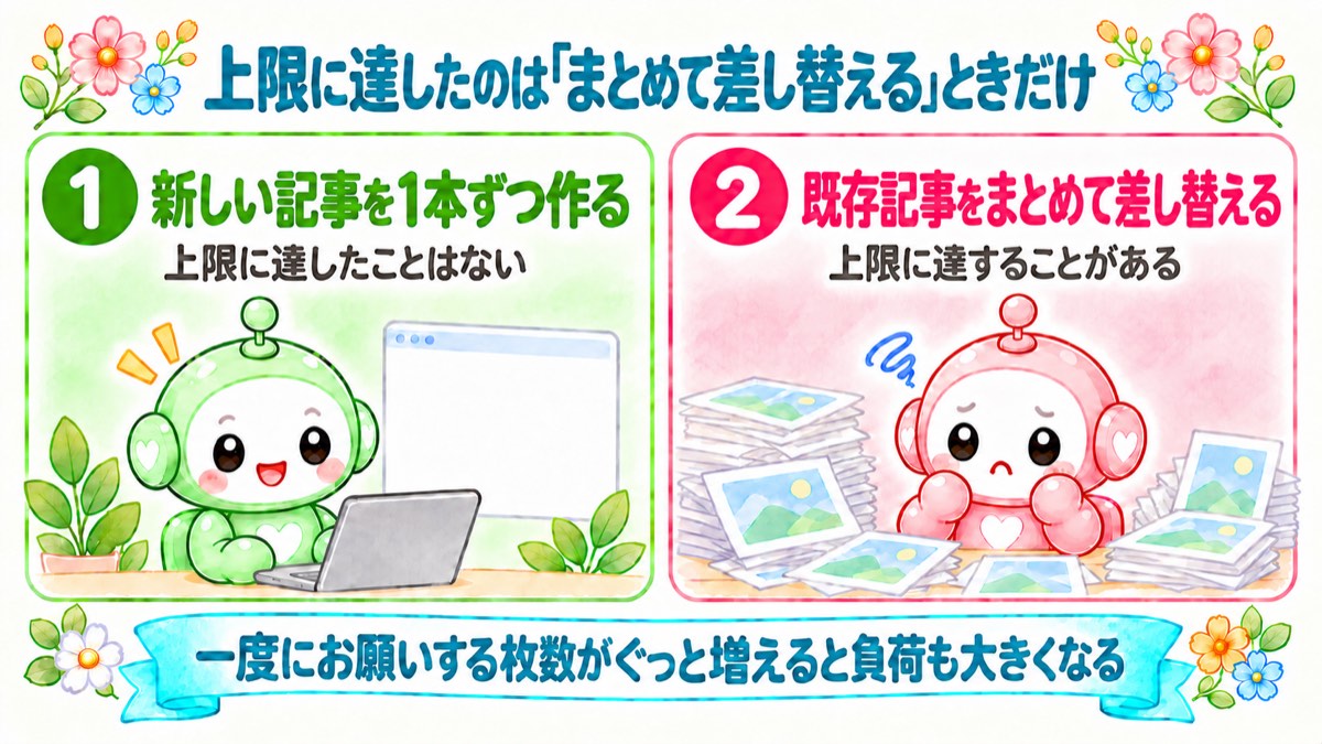 上限に達したのは「まとめて差し替える」作業をしたときだけ