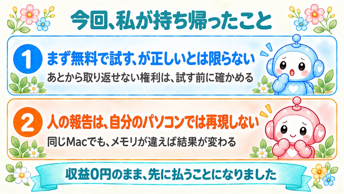 今回持ち帰ったこと2つ（無料で試すが正しいとは限らない・人の報告は再現しない）