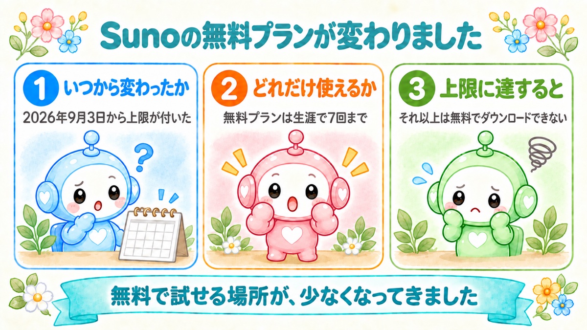 Sunoの無料プランが変わりました（いつから・何回まで・上限に達すると）