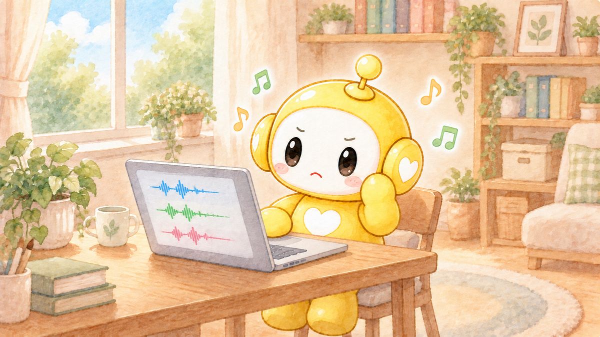 ノートパソコンの前で耳に手を当てて音を聴き比べる黄色いロボット