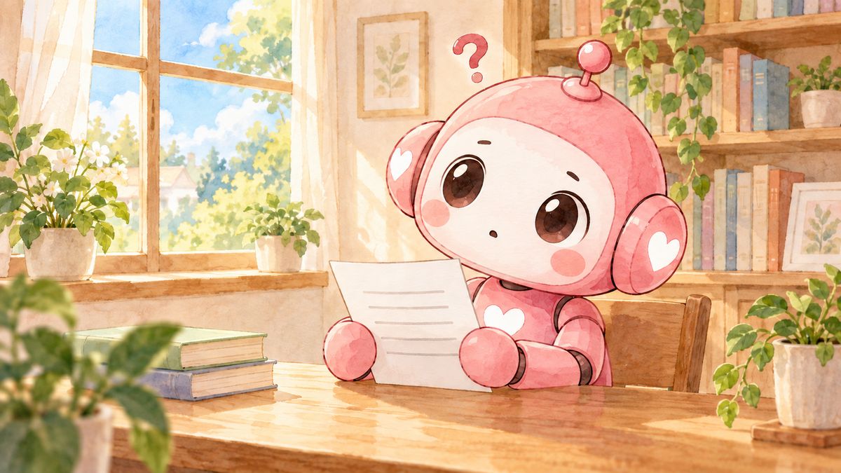 書類を手に首をかしげて考えるピンクのロボット