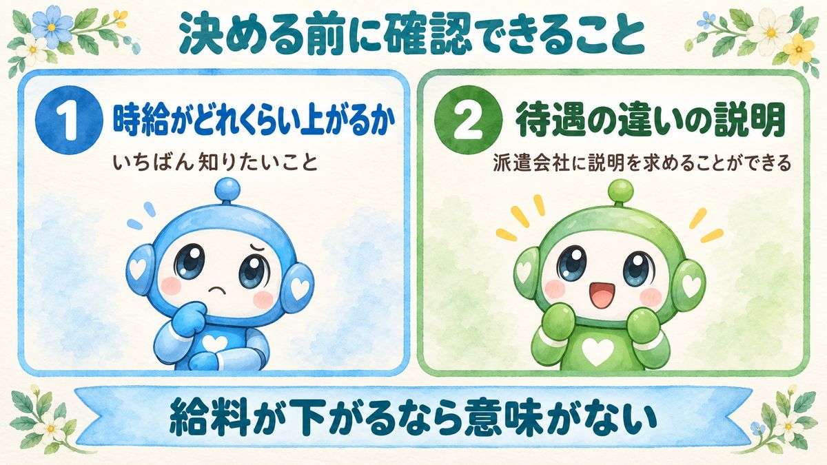 決める前に確認できること（時給がどれくらい上がるか・待遇の違いの説明）