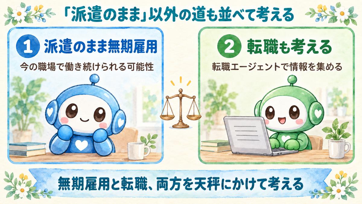 「派遣のまま」以外の道も並べて考える（派遣のまま無期雇用・転職も考える）