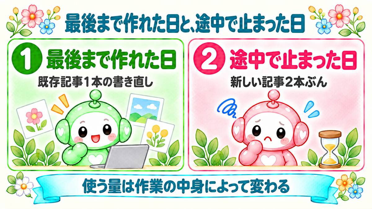 最後まで作れた日と、途中で止まった日（使う量は作業の中身によって変わる）