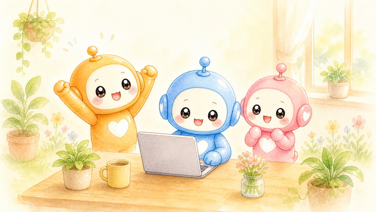 フォームの設置を終えて記事づくりに戻る4色のロボットのイラスト