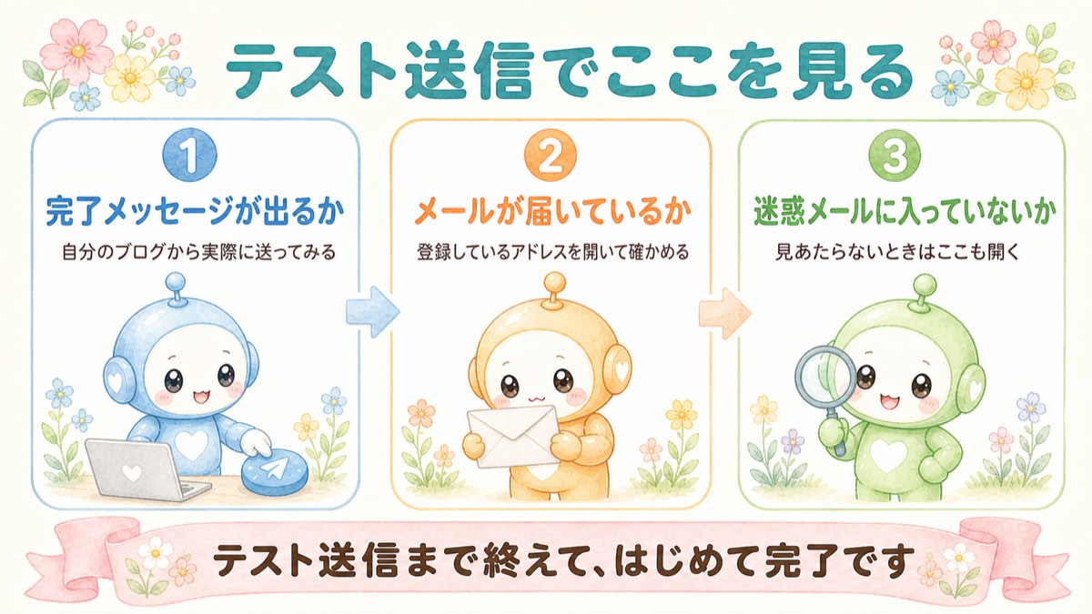テスト送信でここを見る 完了メッセージ・メールの受信・迷惑メール