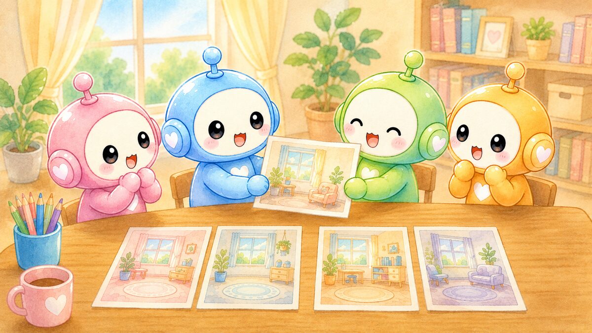 4色のロボットが並べた絵を見比べて納得しているイラスト