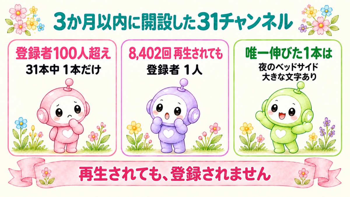 3か月以内に開設した31チャンネルのうち登録者100人超えは1本だけ。唯一伸びたのは夜のベッドサイド
