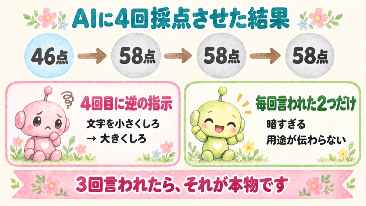 AIに4回採点させたら46点から58点で頭打ち。4回目に前回と逆の指示が出た