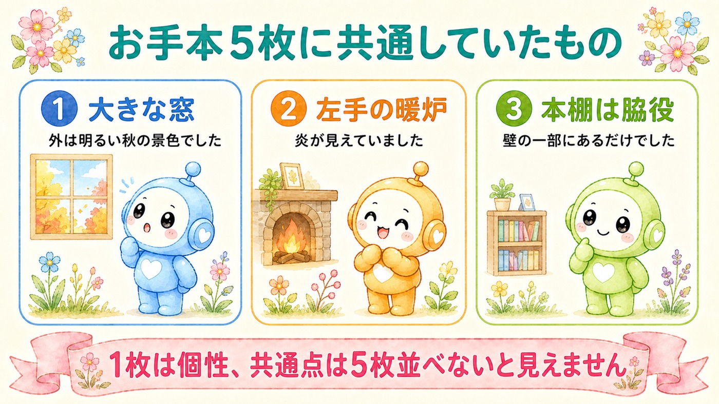 お手本5枚に共通していたもの。大きな窓、左手の暖炉、本棚は脇役