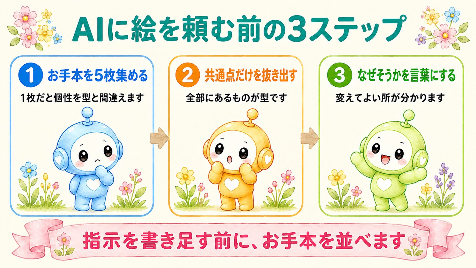 AIに絵を頼む前の3ステップ。お手本を5枚集める、共通点を抜き出す、なぜかを言葉にする