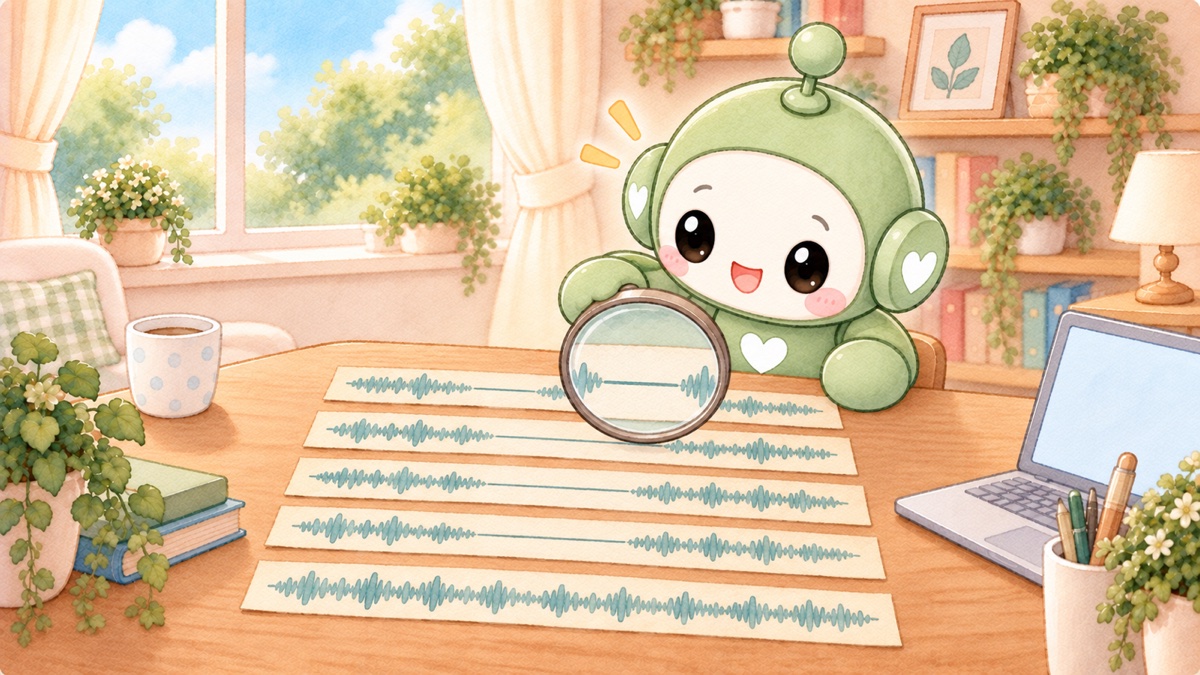 5本の音の帯を虫めがねで調べて、途切れている場所を見つけたイラスト