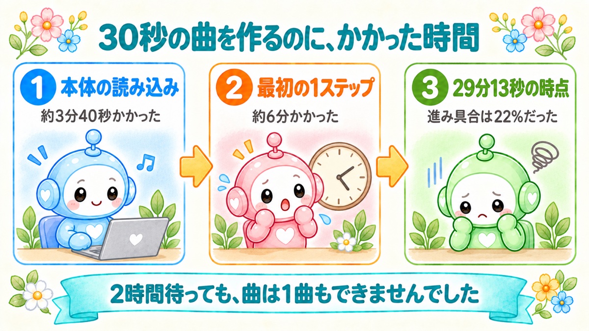 30秒の曲を作るのにかかった時間（読み込み・最初の1ステップ・29分13秒で22%）