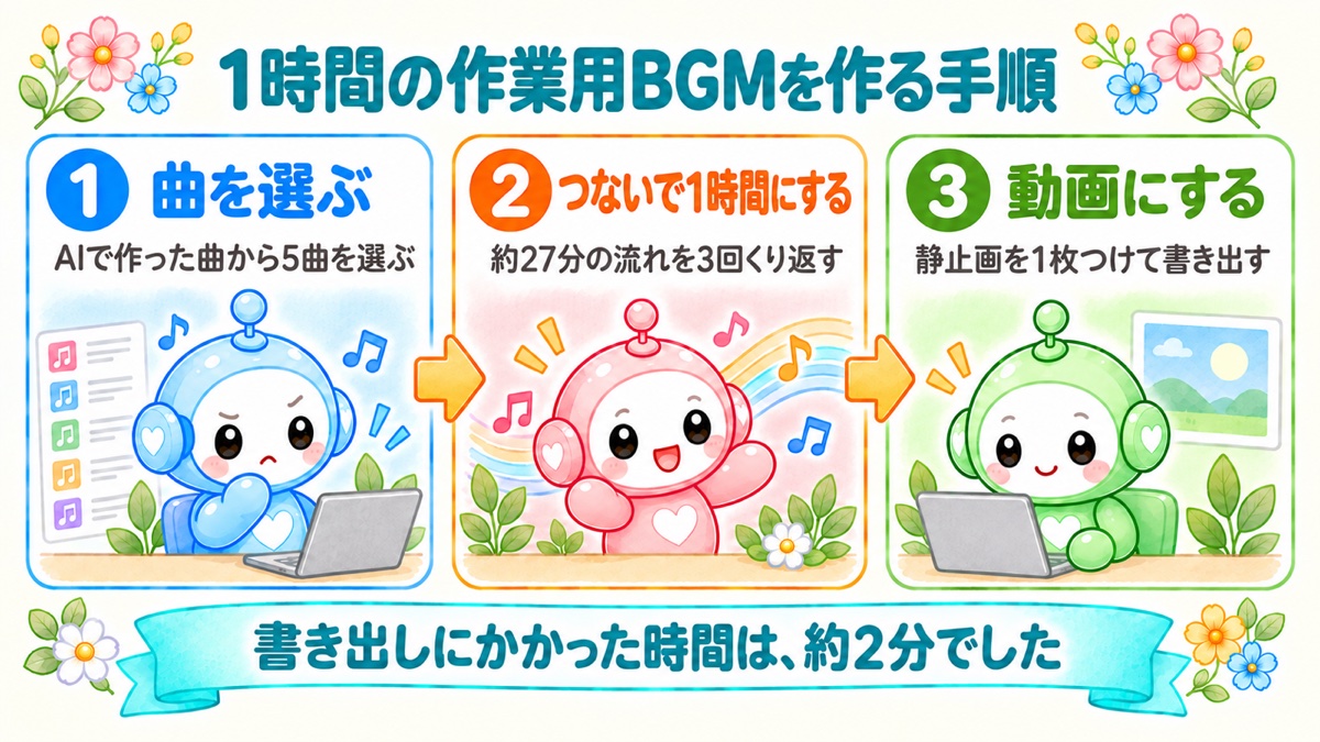 1時間の作業用BGMを作る手順(曲を選ぶ・つないで1時間にする・動画にする)