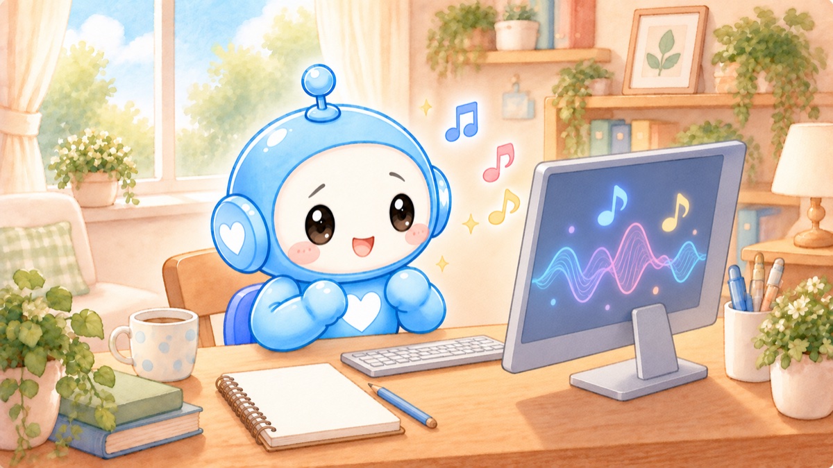 これから曲を作るのを楽しみにしているロボットの挿絵