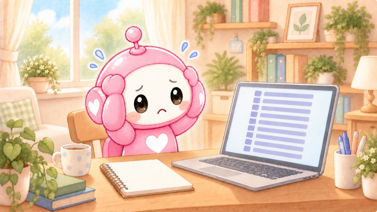 同じ曲名が並ぶ画面を前に困っているロボットの挿絵
